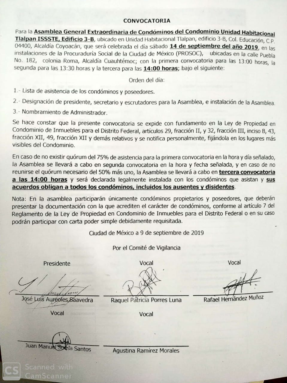 Convocatoria Para La Asamblea General Extraordinaria Del Condominio Uh